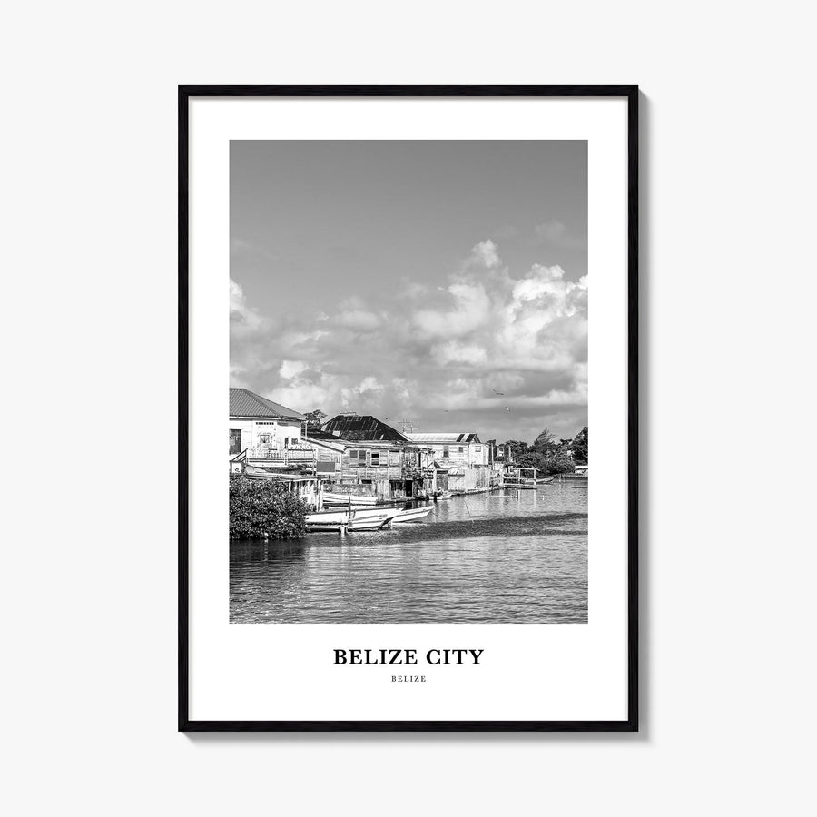 Belize City black & white classic poster of Belize – vertical wall art, unframed print shown in interior mockup