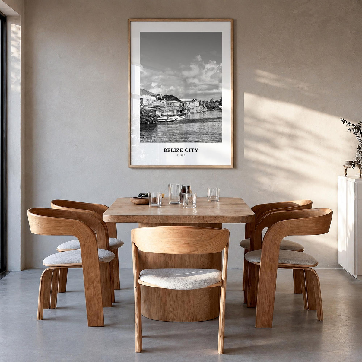 Belize City black & white classic poster of Belize – vertical wall art in natural wood frame, hanging on wall