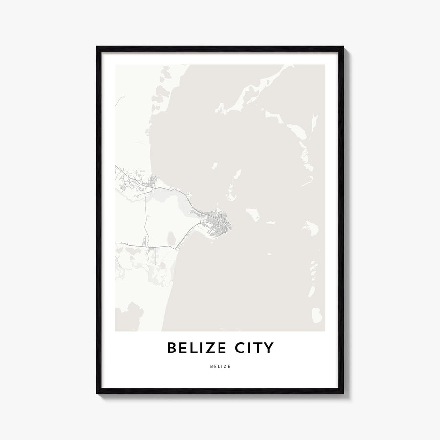 Belize City black & white map poster of Belize – vertical wall art, unframed print shown in interior mockup