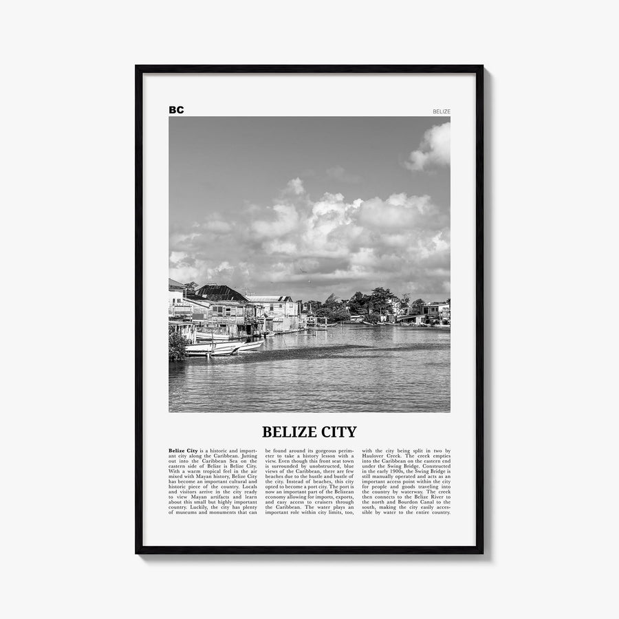 Belize City black & white newspaper poster of Belize – vertical wall art, unframed print shown in interior mockup