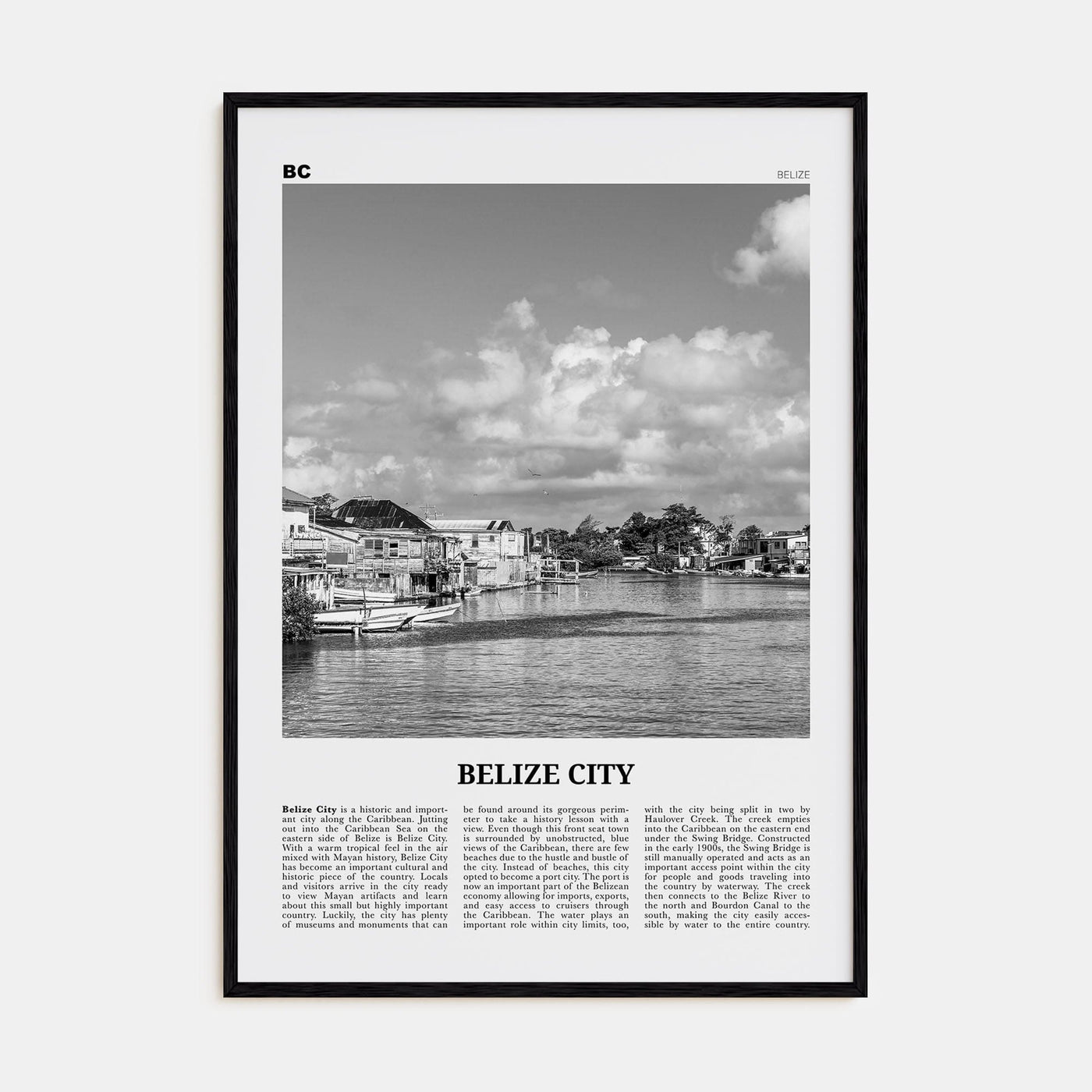 Belize City Poster Black Wood / 8x12 in Nbourhood Travel B&W Poster