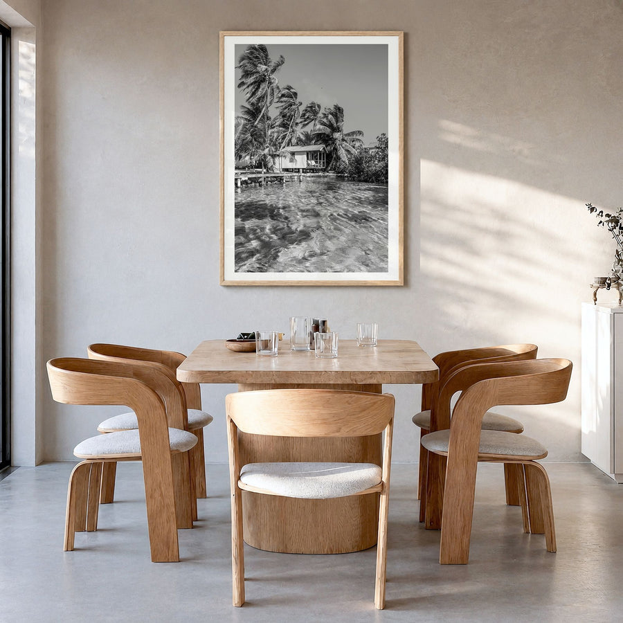 Belize Photo Poster in a natural wood frame, hanging in a dining room, white border