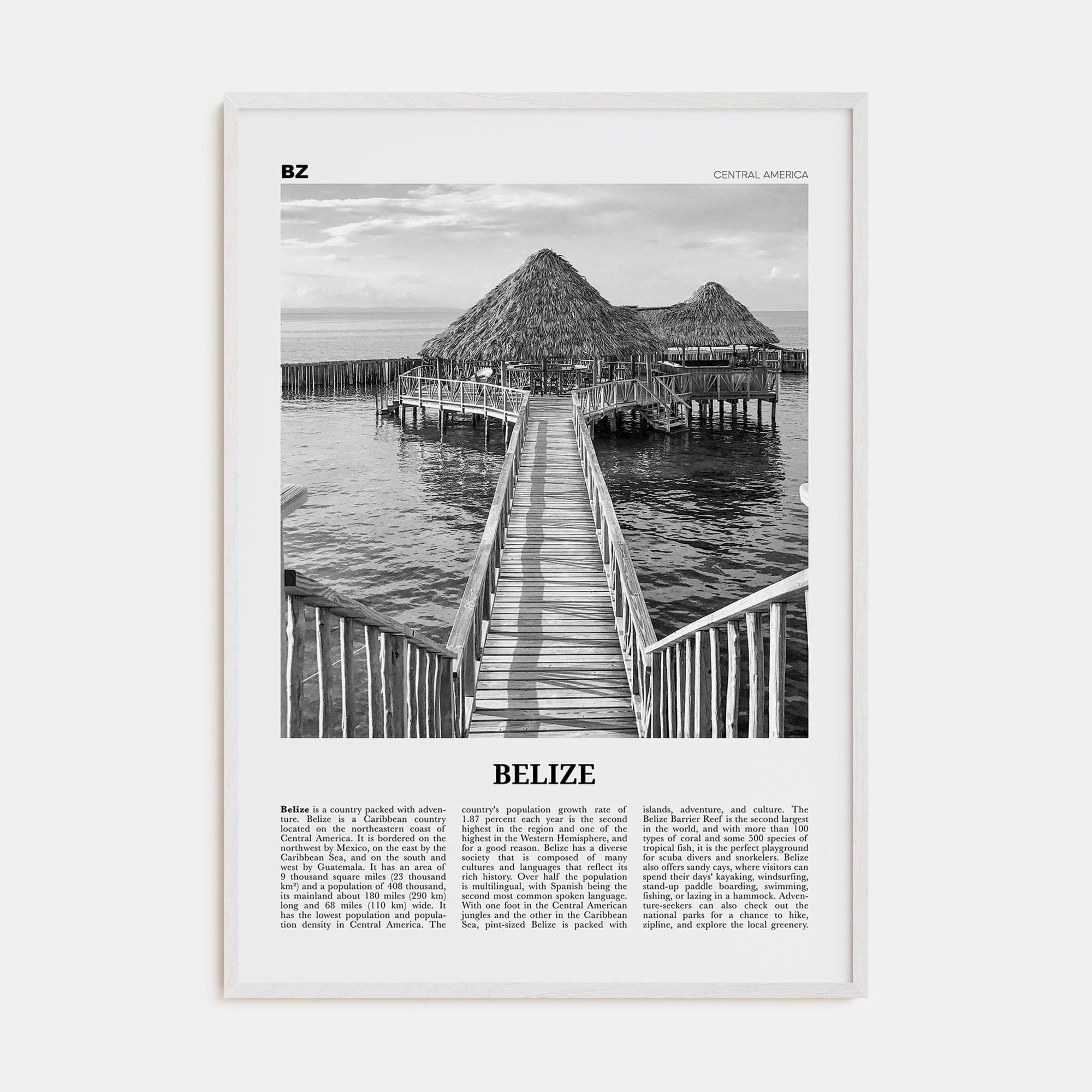 Belize Poster White Wood / 8x12 in Nbourhood Travel B&W Poster