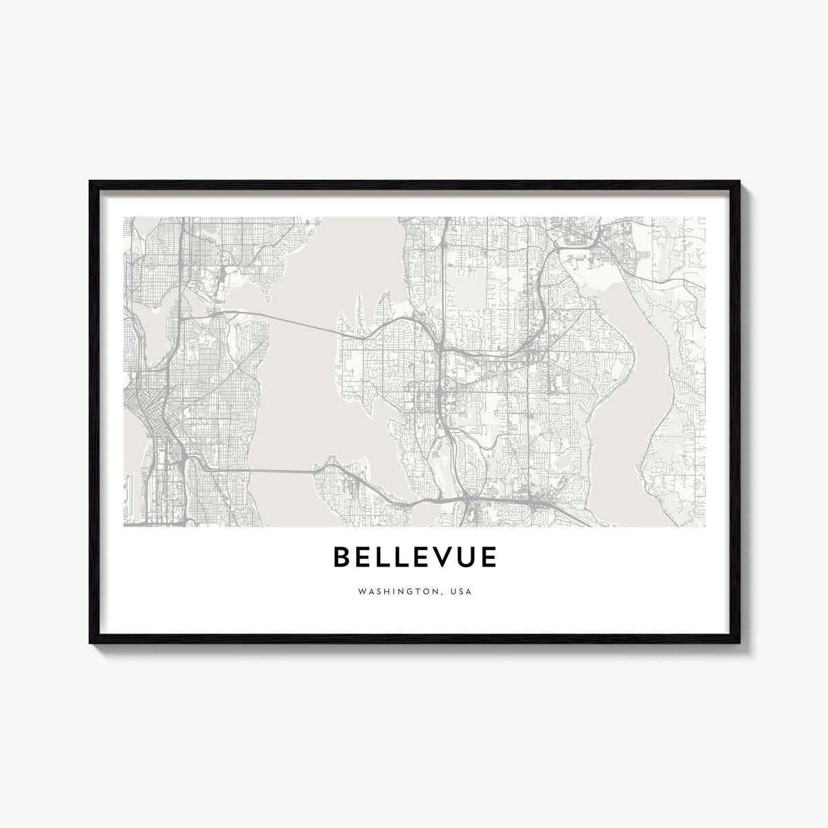 Bellevue black & white map poster of Washington, USA – horizontal wall art, unframed print shown in interior mockup