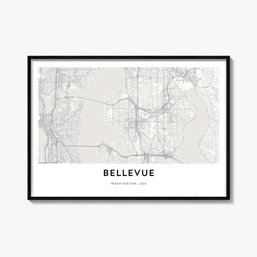 Bellevue black & white map poster of Washington, USA – horizontal wall art, unframed print shown in interior mockup