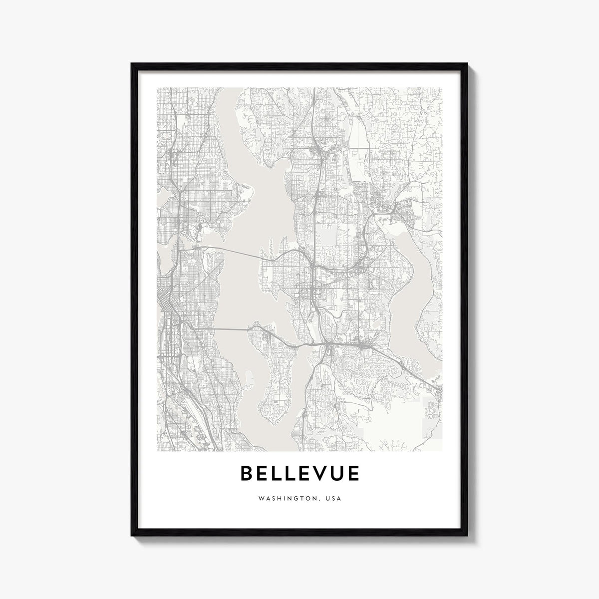 Bellevue black & white map poster of Washington, USA – vertical wall art, unframed print shown in interior mockup