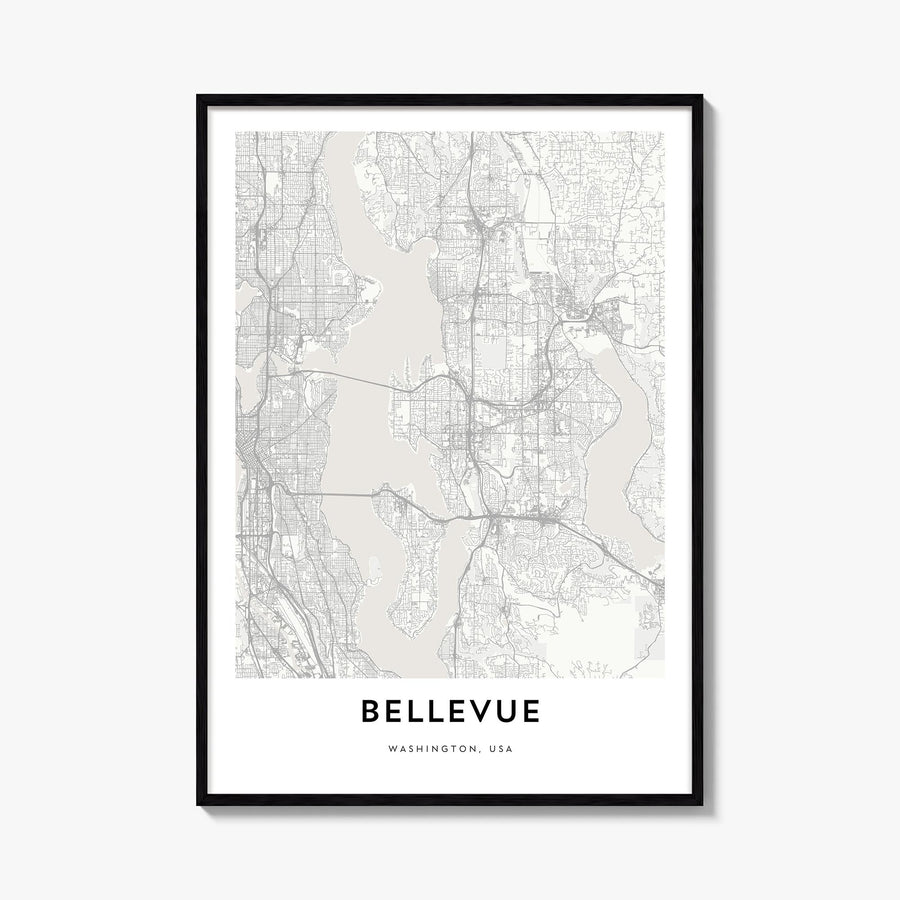 Bellevue black & white map poster of Washington, USA – vertical wall art, unframed print shown in interior mockup