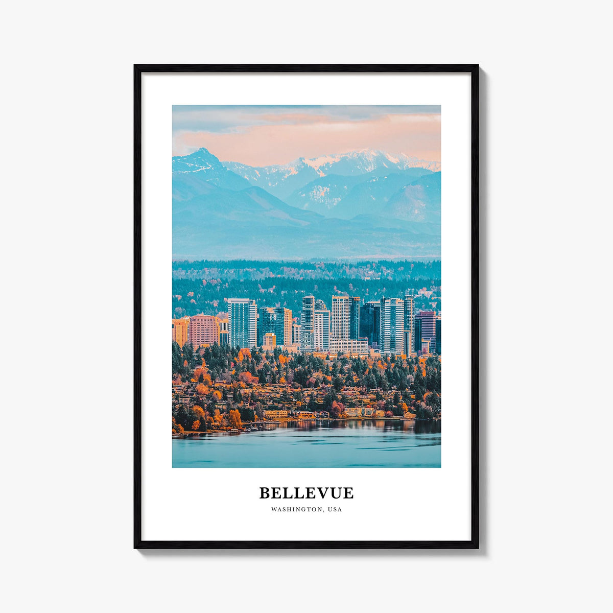 Bellevue colorful classic poster of Washington, USA – vertical wall art, unframed print shown in interior mockup