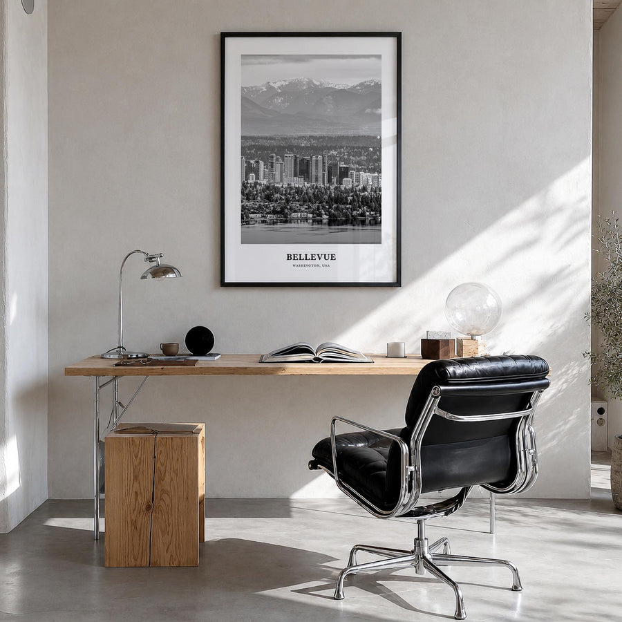 Bellevue no. 1 black & white classic poster of Washington, USA – vertical wall art in black wood frame, hanging on wall