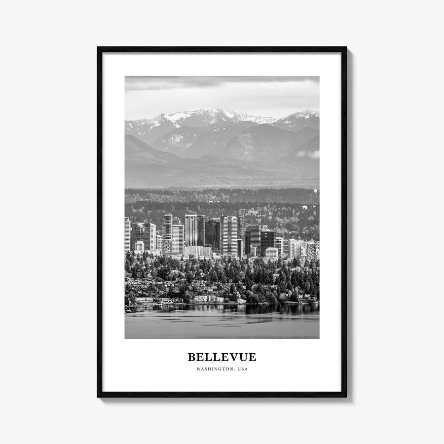Bellevue no. 1 black & white classic poster of Washington, USA – vertical wall art, unframed print shown in interior mockup