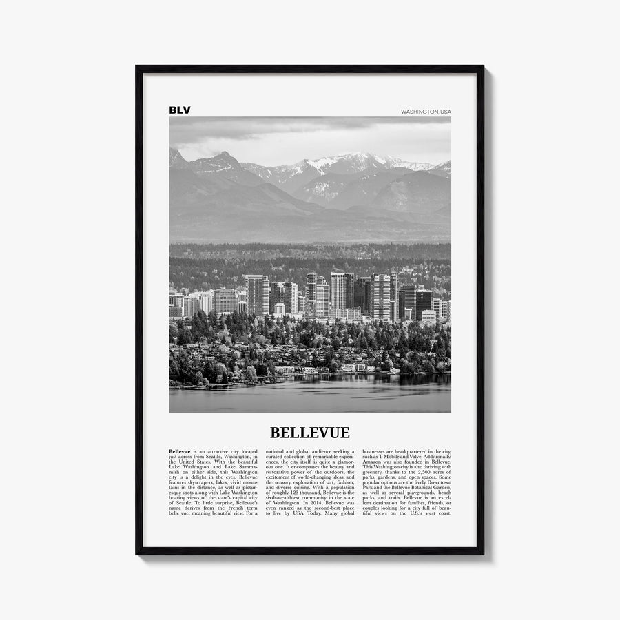 Bellevue no. 1 black & white newspaper poster of Washington, USA – vertical wall art, unframed print shown in interior mockup