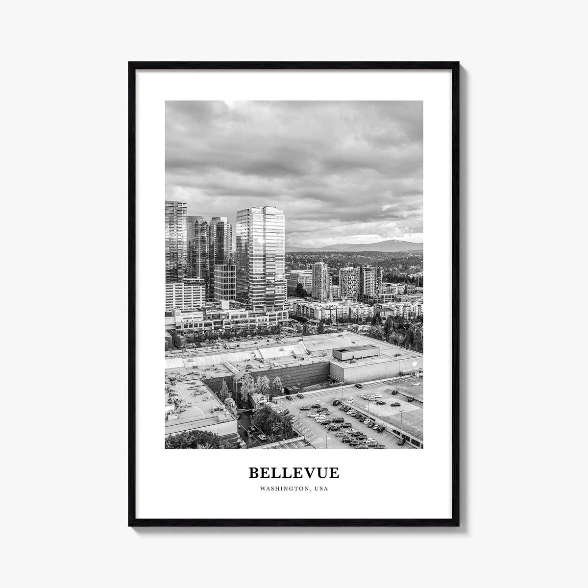 Bellevue no. 2 black & white classic poster of Washington, USA – vertical wall art, unframed print shown in interior mockup