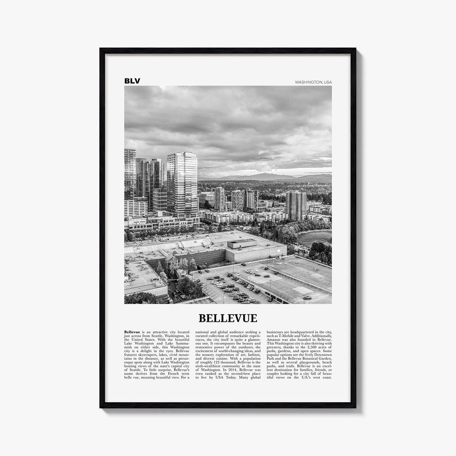 Bellevue no. 2 black & white newspaper poster of Washington, USA – vertical wall art, unframed print shown in interior mockup