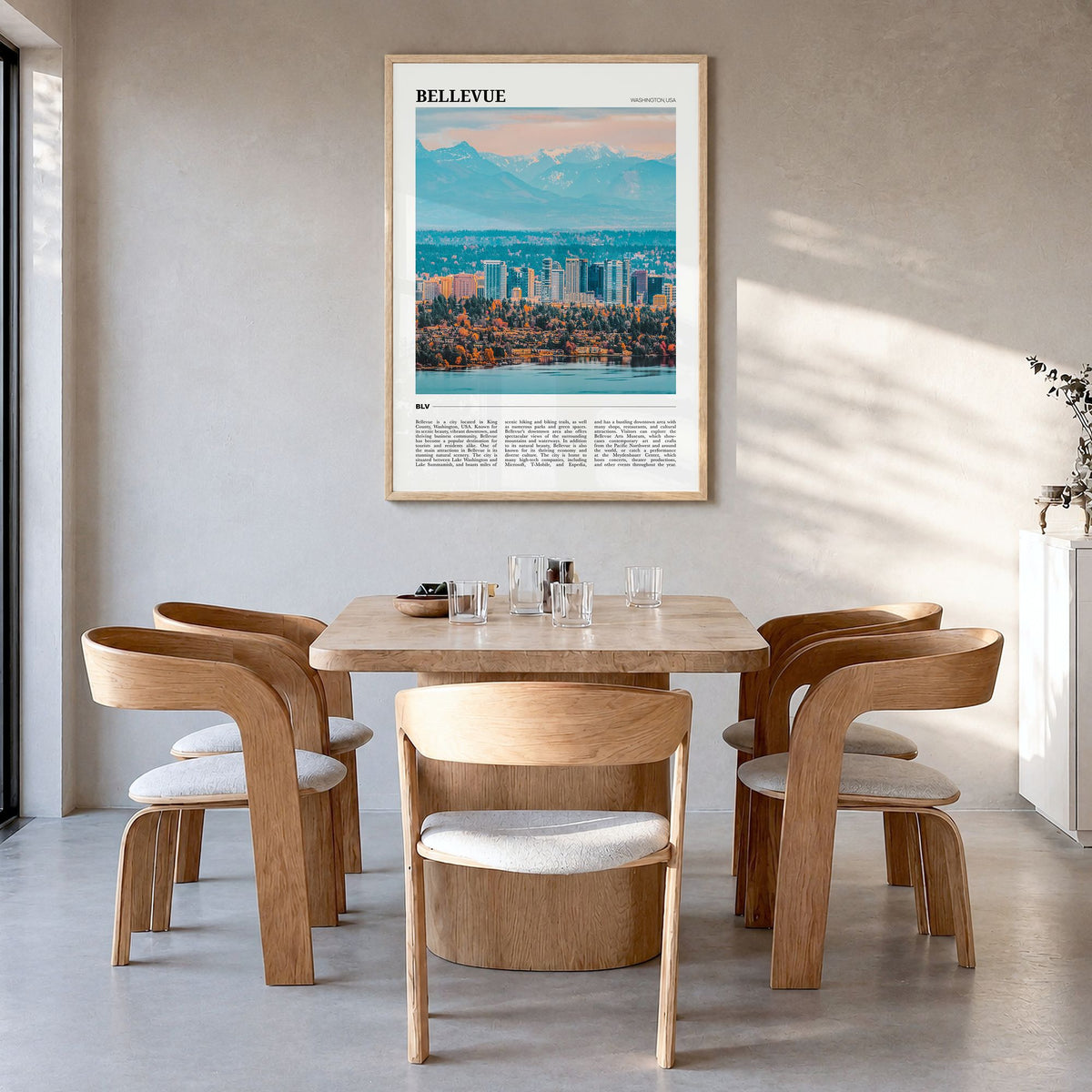 Bellevue Travel Poster in a natural wood frame, hanging in a dining room