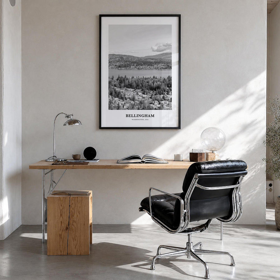 Bellingham black & white classic poster of Washington, USA – vertical wall art in black wood frame, hanging on wall