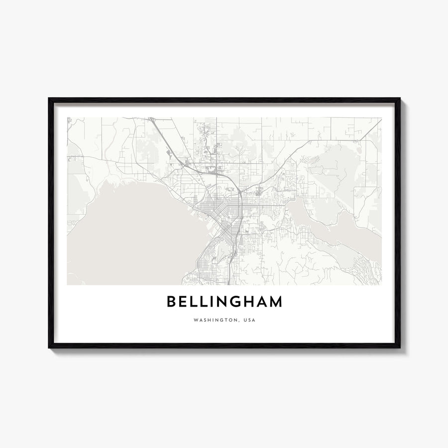 Bellingham black & white map poster of Washington, USA – horizontal wall art, unframed print shown in interior mockup