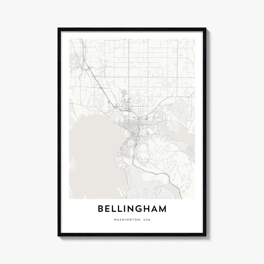 Bellingham black & white map poster of Washington, USA – vertical wall art, unframed print shown in interior mockup