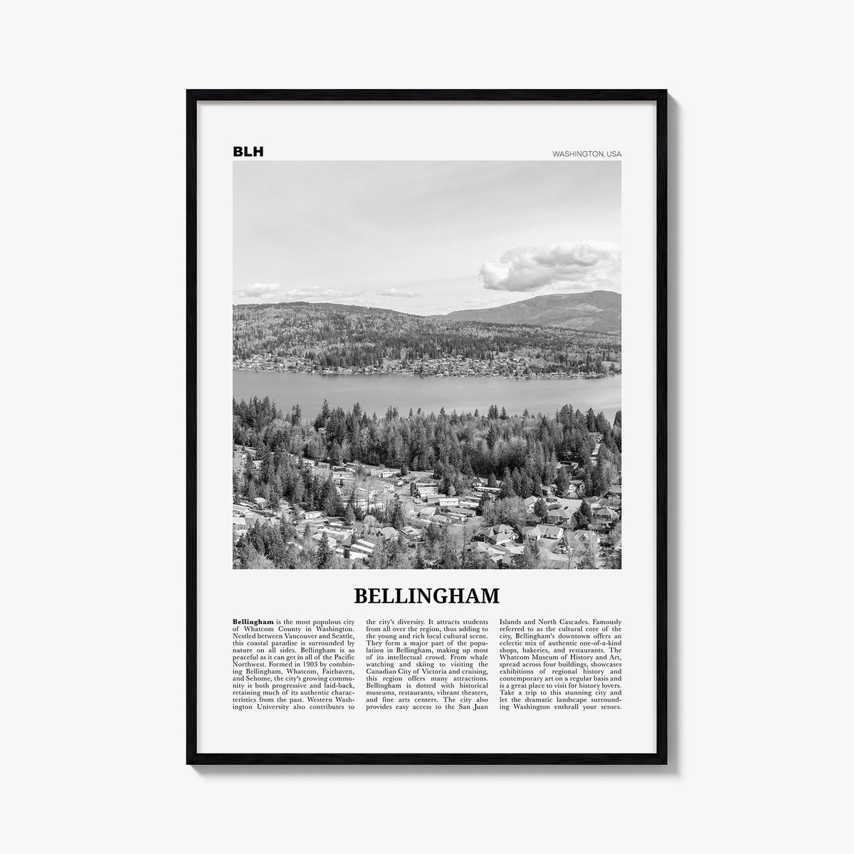 Bellingham black & white newspaper poster of Washington, USA – vertical wall art, unframed print shown in interior mockup