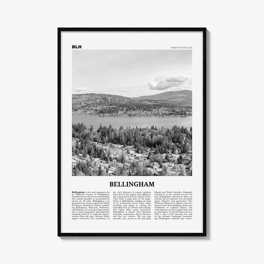 Bellingham black & white newspaper poster of Washington, USA – vertical wall art, unframed print shown in interior mockup