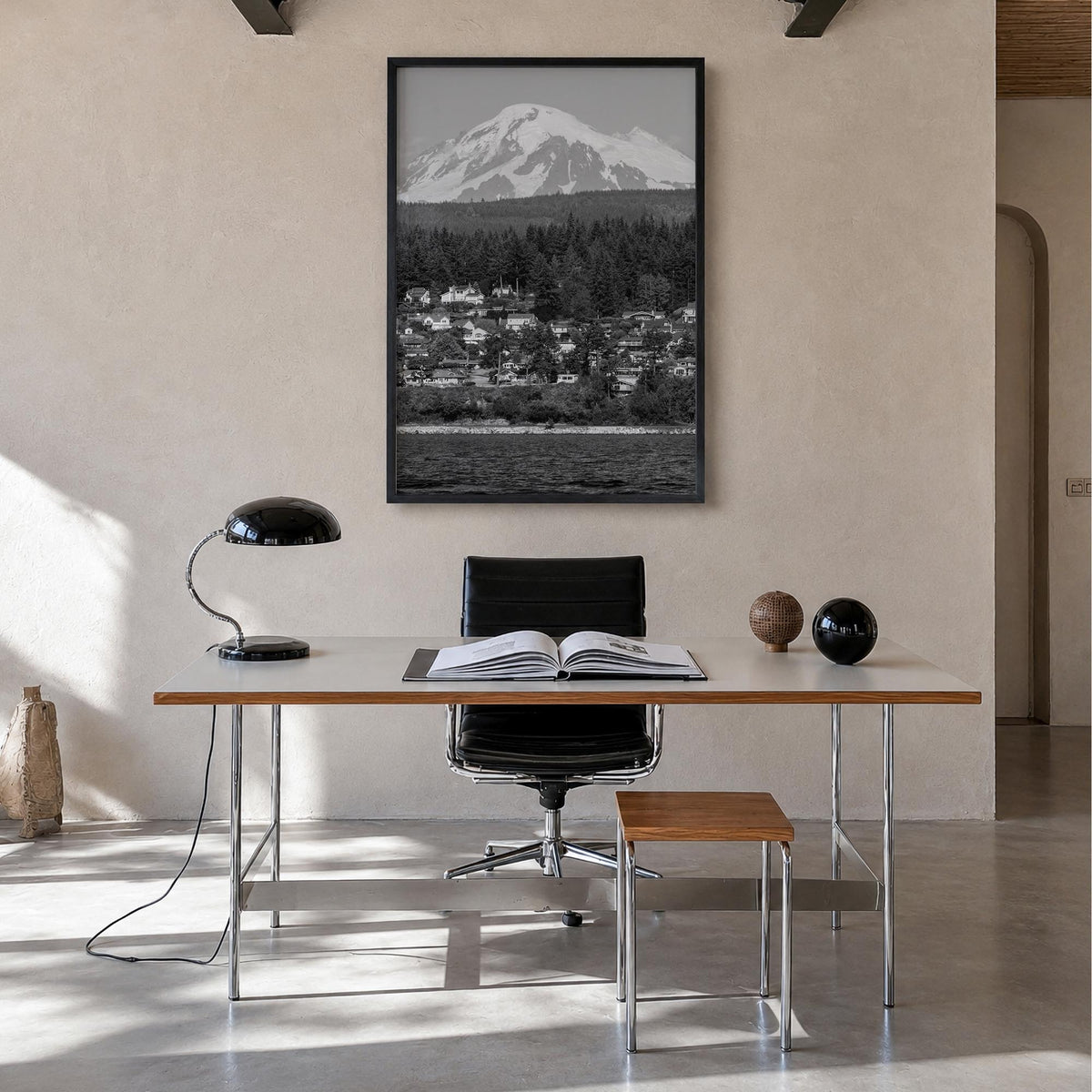 Bellingham black & white photo poster of Washington, USA – vertical wall art in black wood frame, hanging on wall