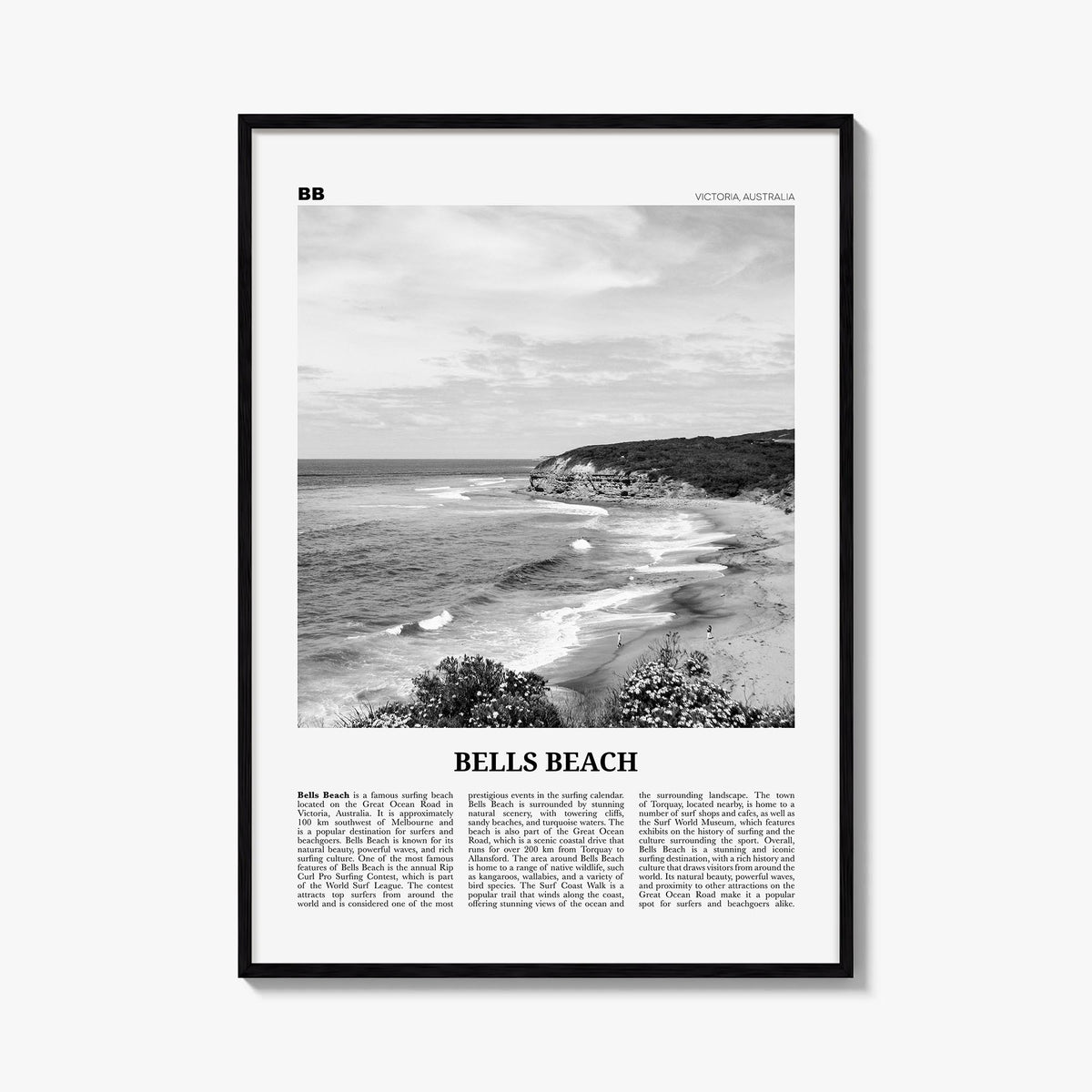 Bells Beach black & white newspaper poster of Australia – vertical wall art, unframed print shown in interior mockup