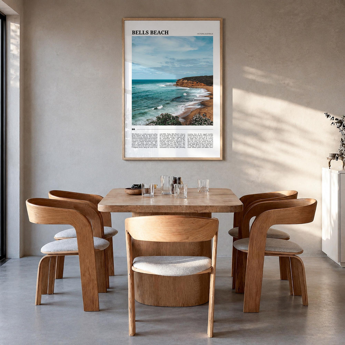 Bells Beach colorful travel poster of Australia – vertical wall art in natural wood frame, hanging on wall