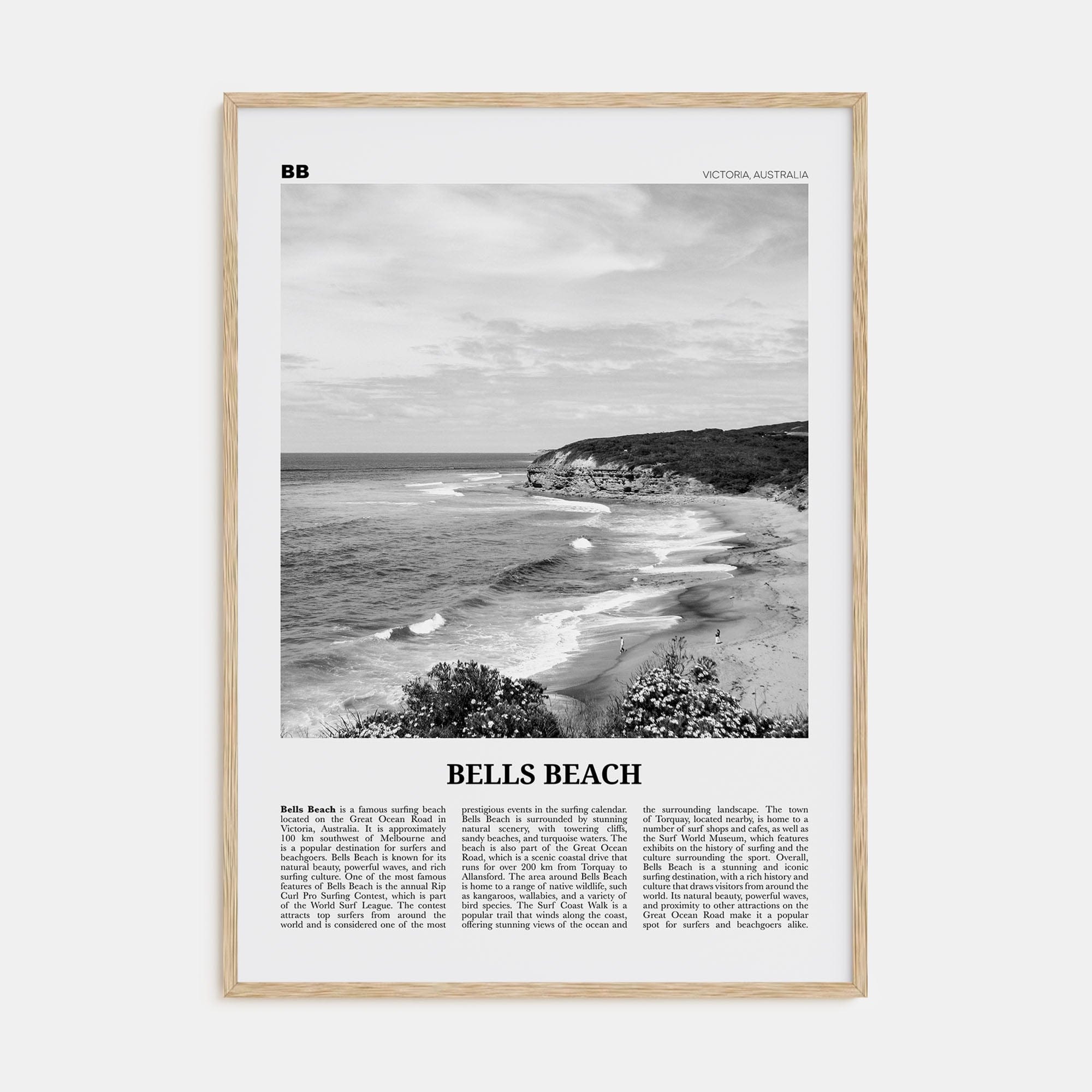 Bells Beach Poster Natural Wood / 8x12 in Nbourhood Travel B&W Poster