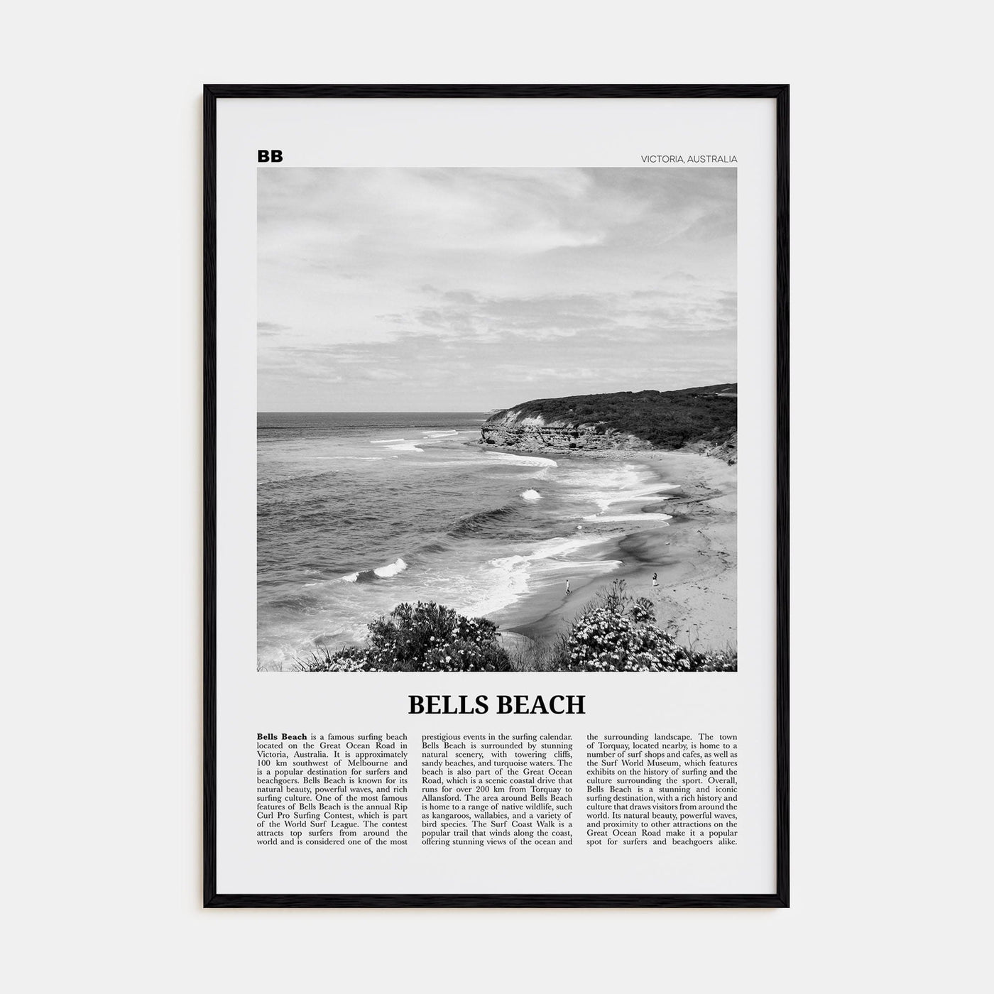 Bells Beach Poster Black Wood / 8x12 in Nbourhood Travel B&W Poster