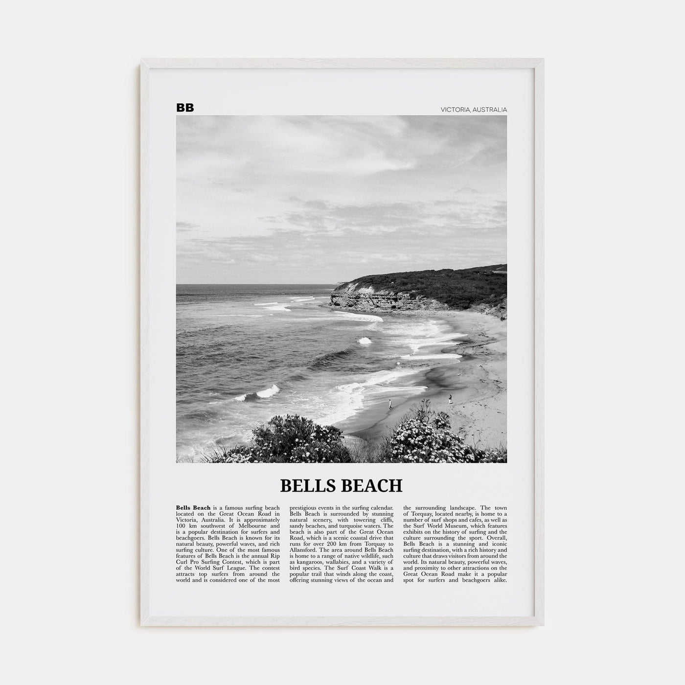 Bells Beach Poster White Wood / 8x12 in Nbourhood Travel B&W Poster