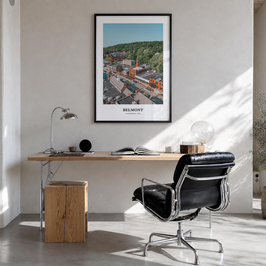 Belmont colorful classic poster of California, USA – vertical wall art in black wood frame, hanging on wall