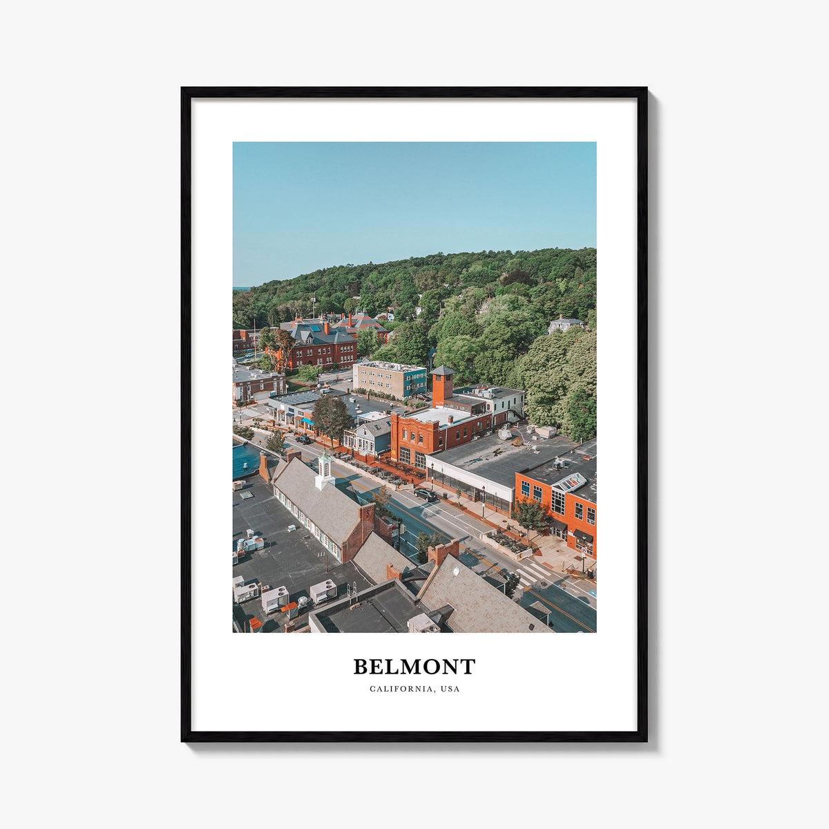 Belmont colorful classic poster of California, USA – vertical wall art, unframed print shown in interior mockup
