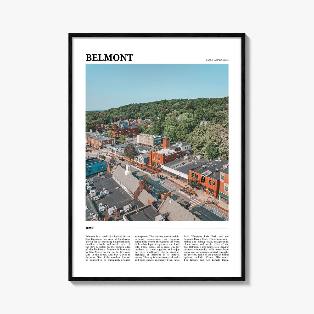 Belmont colorful travel poster of California, USA – vertical wall art, unframed print shown in interior mockup
