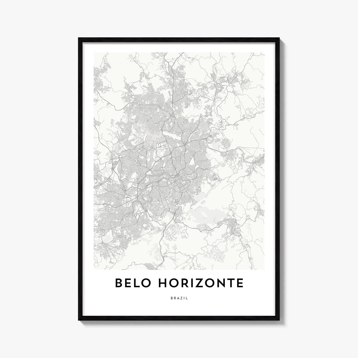 Belo Horizonte black & white map poster of Brazil – vertical wall art, unframed print shown in interior mockup
