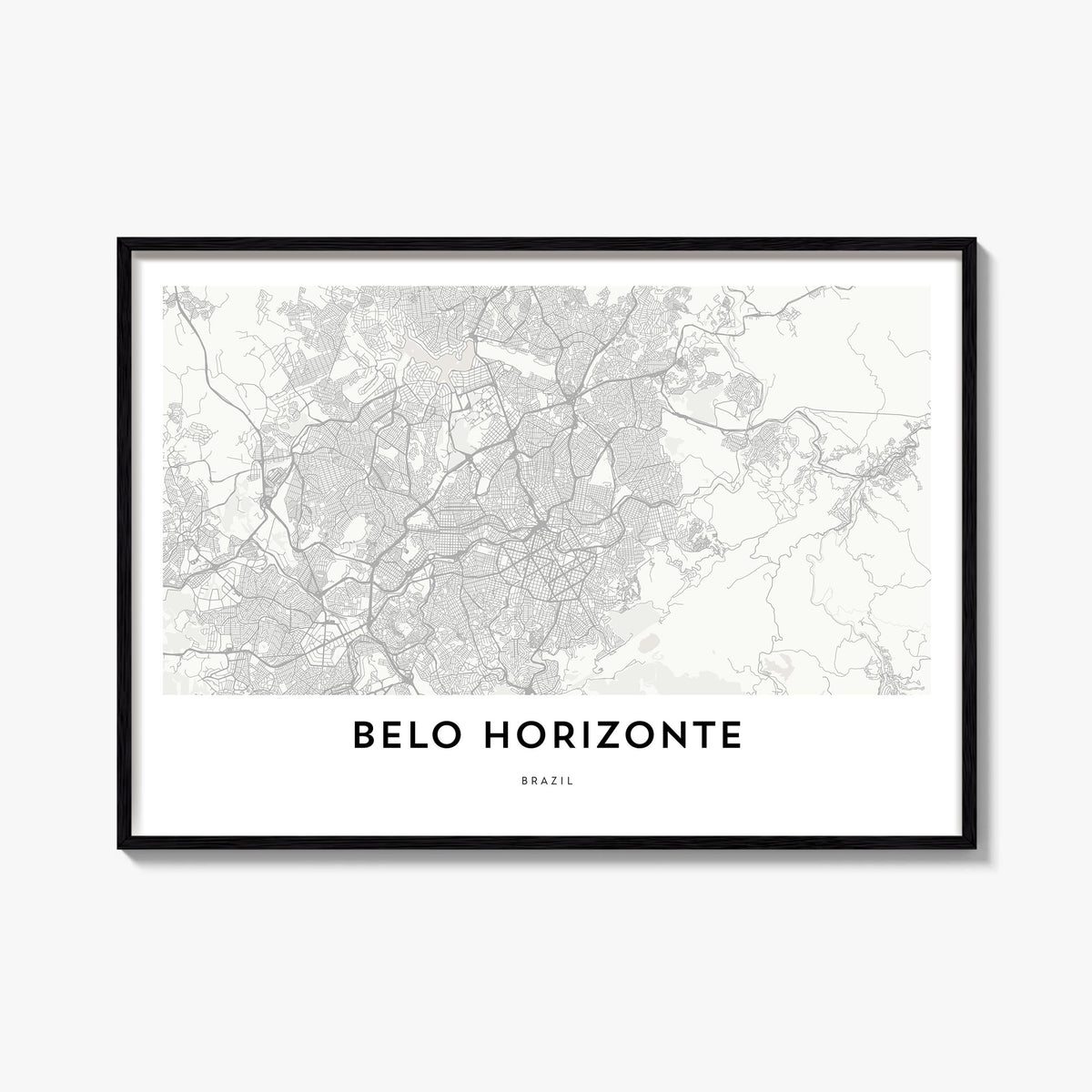 Belo Horizonte black & white map poster of Brazil – horizontal wall art, unframed print shown in interior mockup