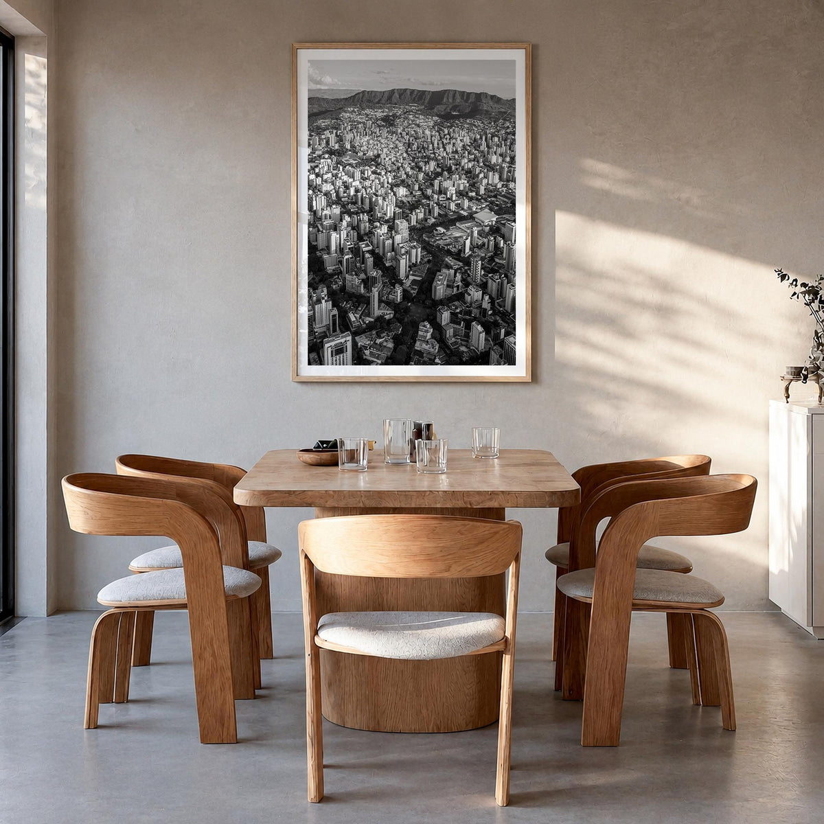Belo Horizonte black & white photo poster of Brazil – vertical wall art in natural wood frame with white border, hanging on w
