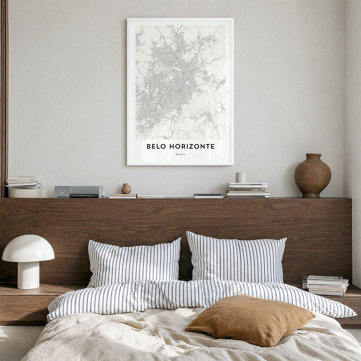 Belo Horizonte Map Poster in a white wood frame, hanging in a bedroom