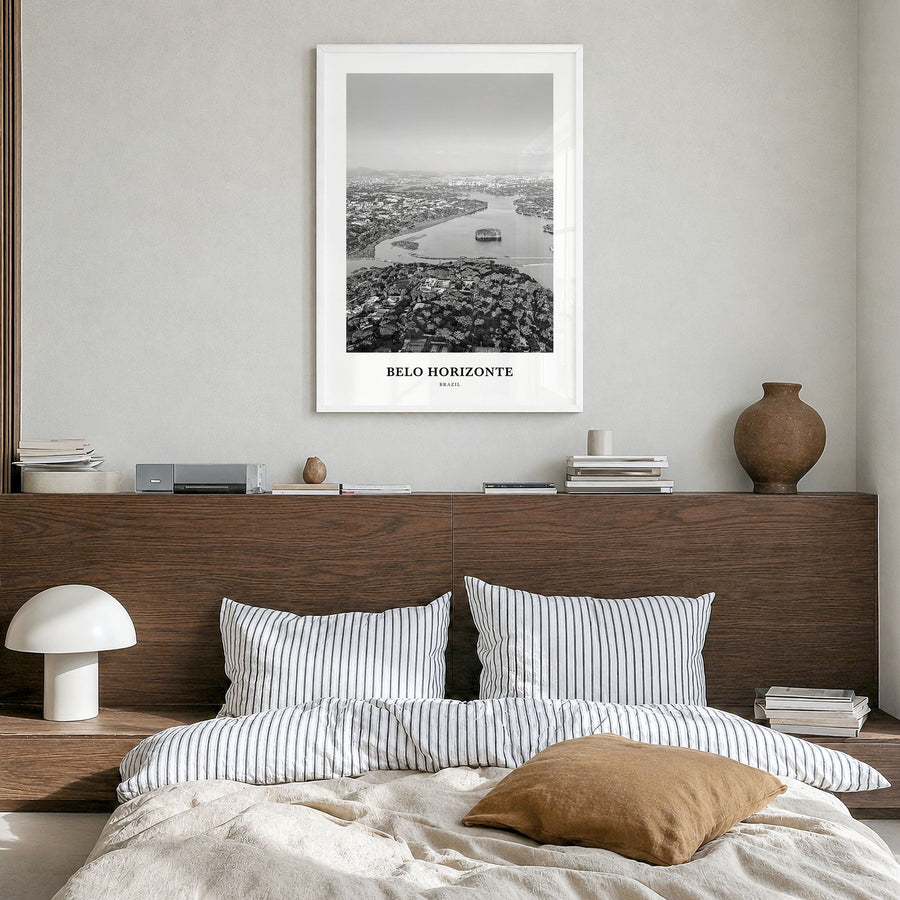Belo Horizonte Classic Poster in a white wood frame, hanging in a bedroom