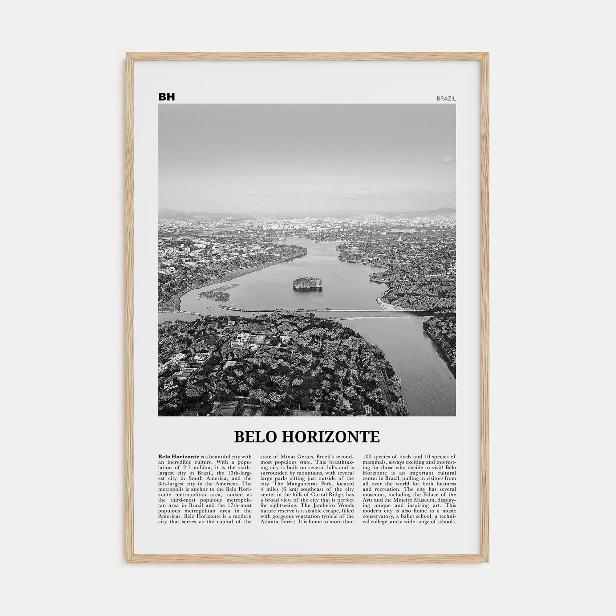 Belo Horizonte Poster Natural Wood / 8x12 in Nbourhood Travel B&W Poster