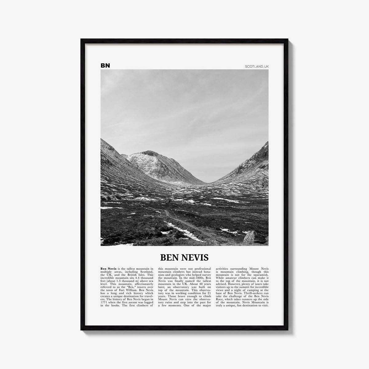 Ben Nevis black & white newspaper poster of United Kingdom – vertical wall art, unframed print shown in interior mockup
