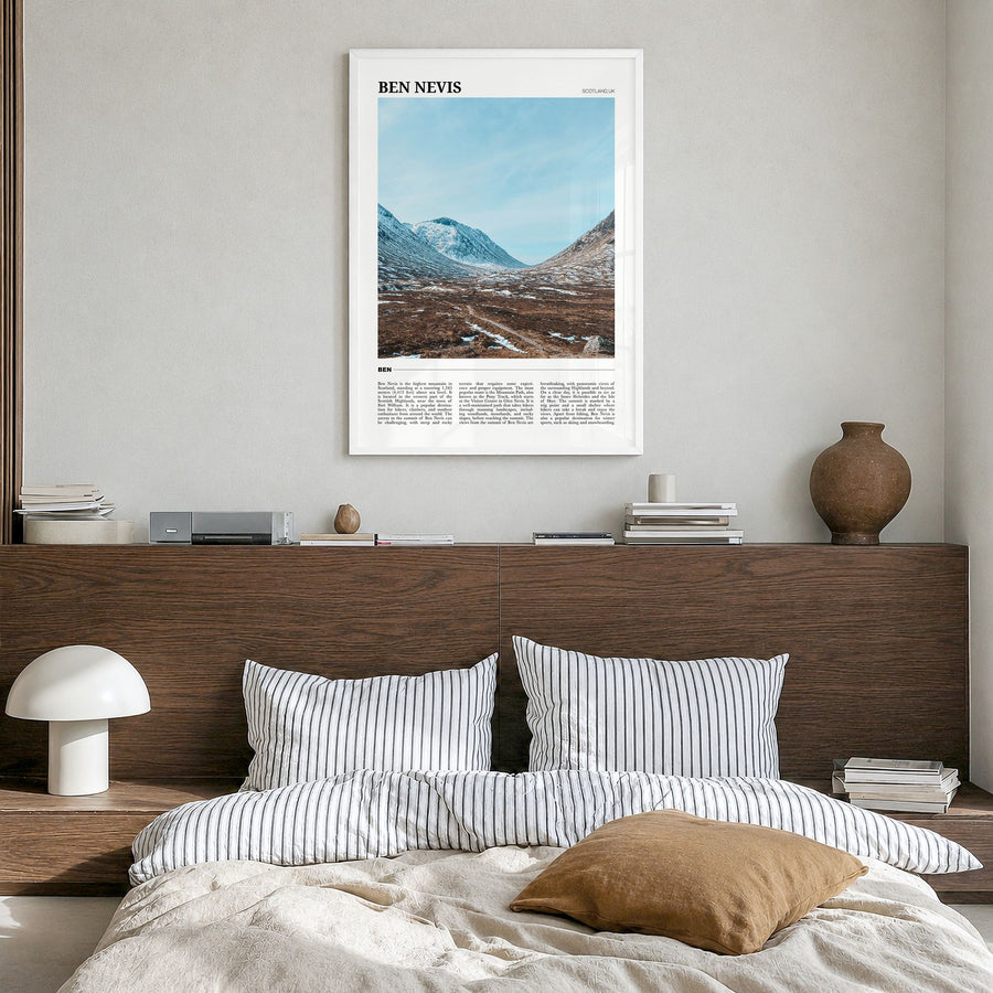 Ben Nevis Travel Poster in a white wood frame, hanging in a bedroom