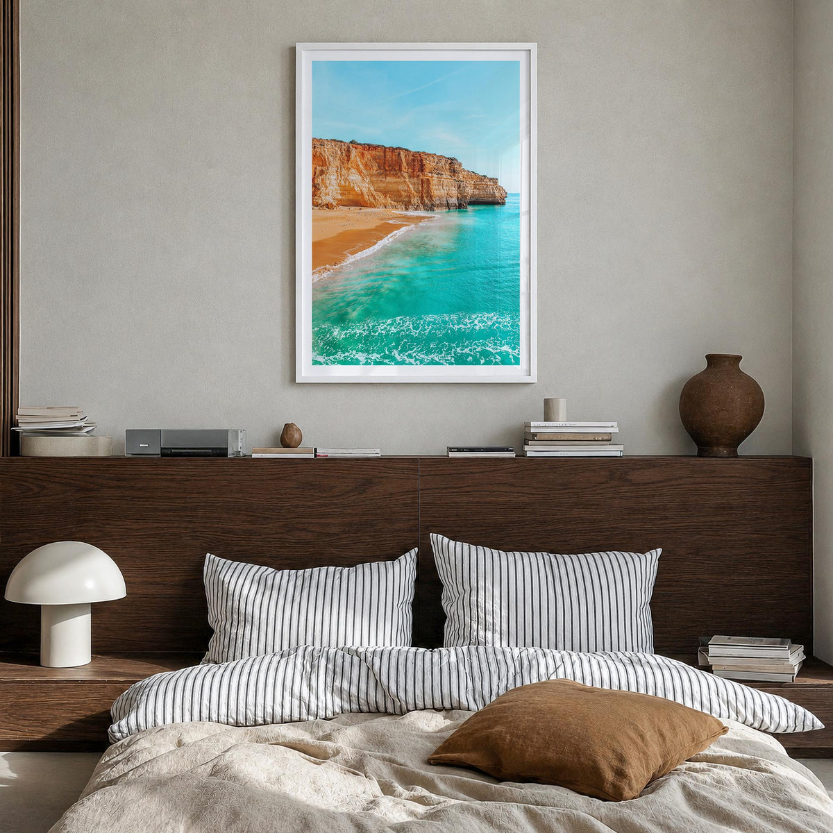 Benagil Beach colorful photo poster of Portugal – vertical wall art in white wood frame with white border, hanging on wall