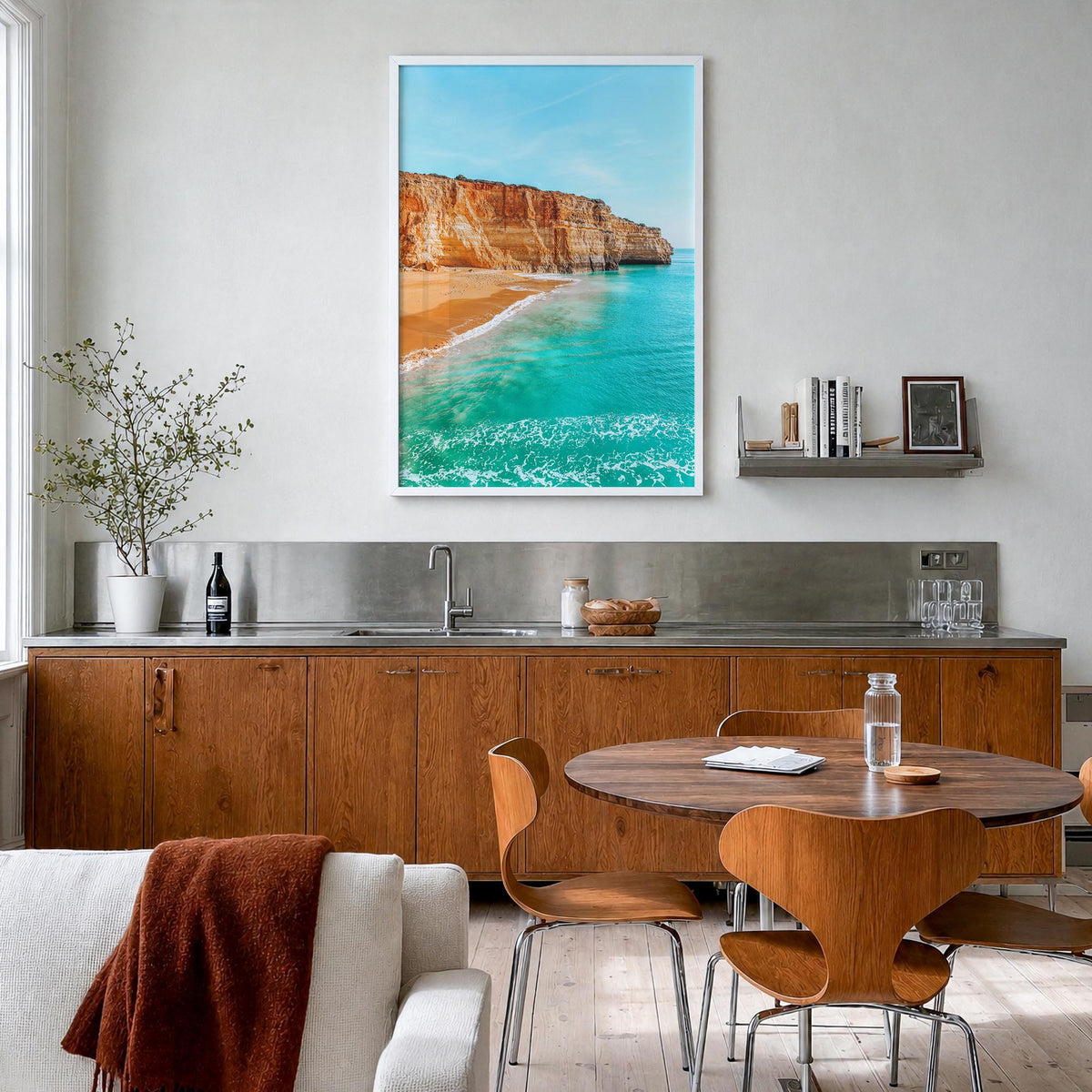 Benagil Beach colorful photo poster of Portugal – vertical wall art in white wood frame, hanging on wall