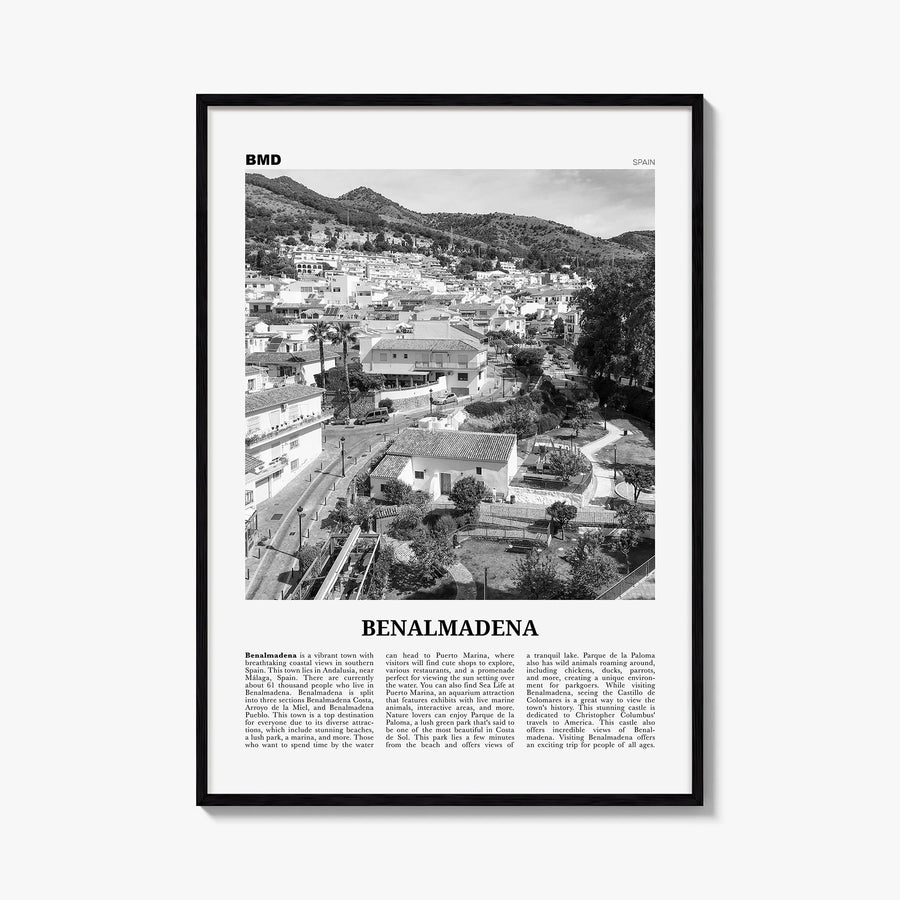 Benalmádena black & white newspaper poster of Spain – vertical wall art, unframed print shown in interior mockup