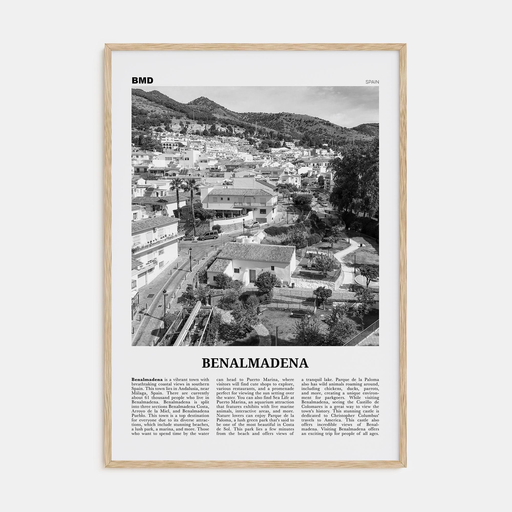 Benalmádena Poster Natural Wood / 8x12 in Nbourhood Travel B&W Poster