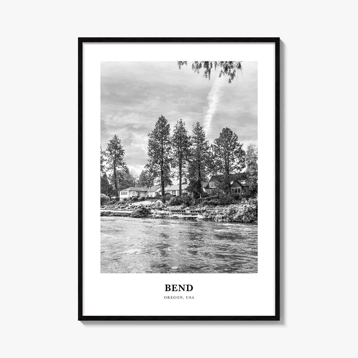 Bend black & white classic poster of Oregon, USA – vertical wall art, unframed print shown in interior mockup