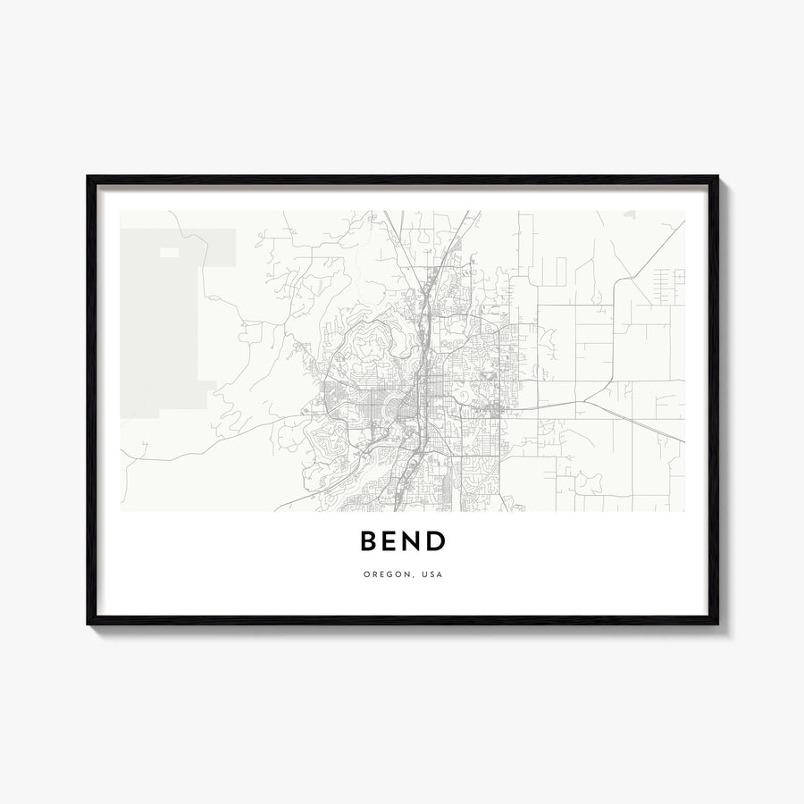 Bend black & white map poster of Oregon, USA – horizontal wall art, unframed print shown in interior mockup