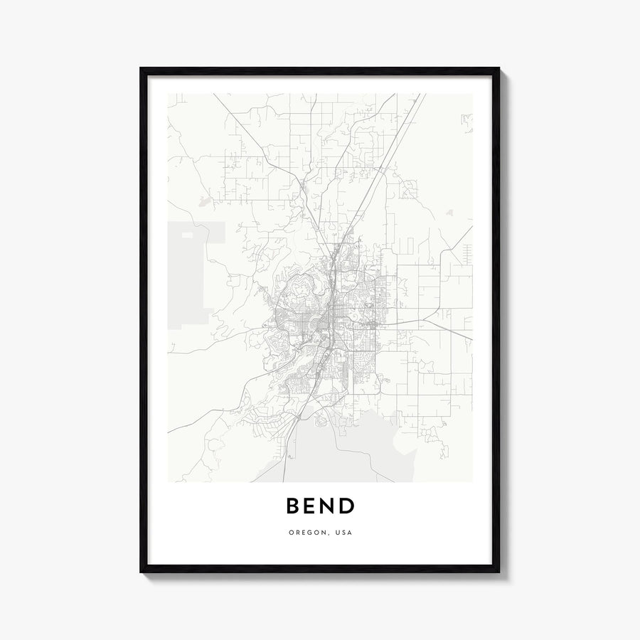 Bend black & white map poster of Oregon, USA – vertical wall art, unframed print shown in interior mockup