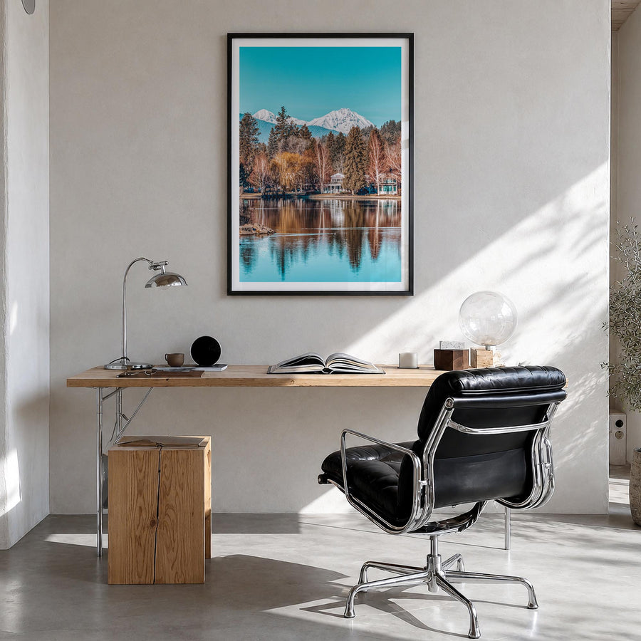 Bend colorful photo poster of Oregon, USA – vertical wall art in black wood frame with white border, hanging on wall