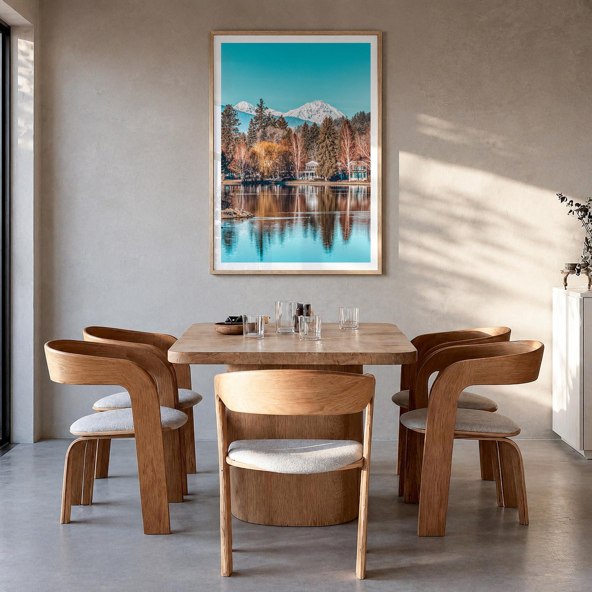 Bend colorful photo poster of Oregon, USA – vertical wall art in natural wood frame with white border, hanging on wall