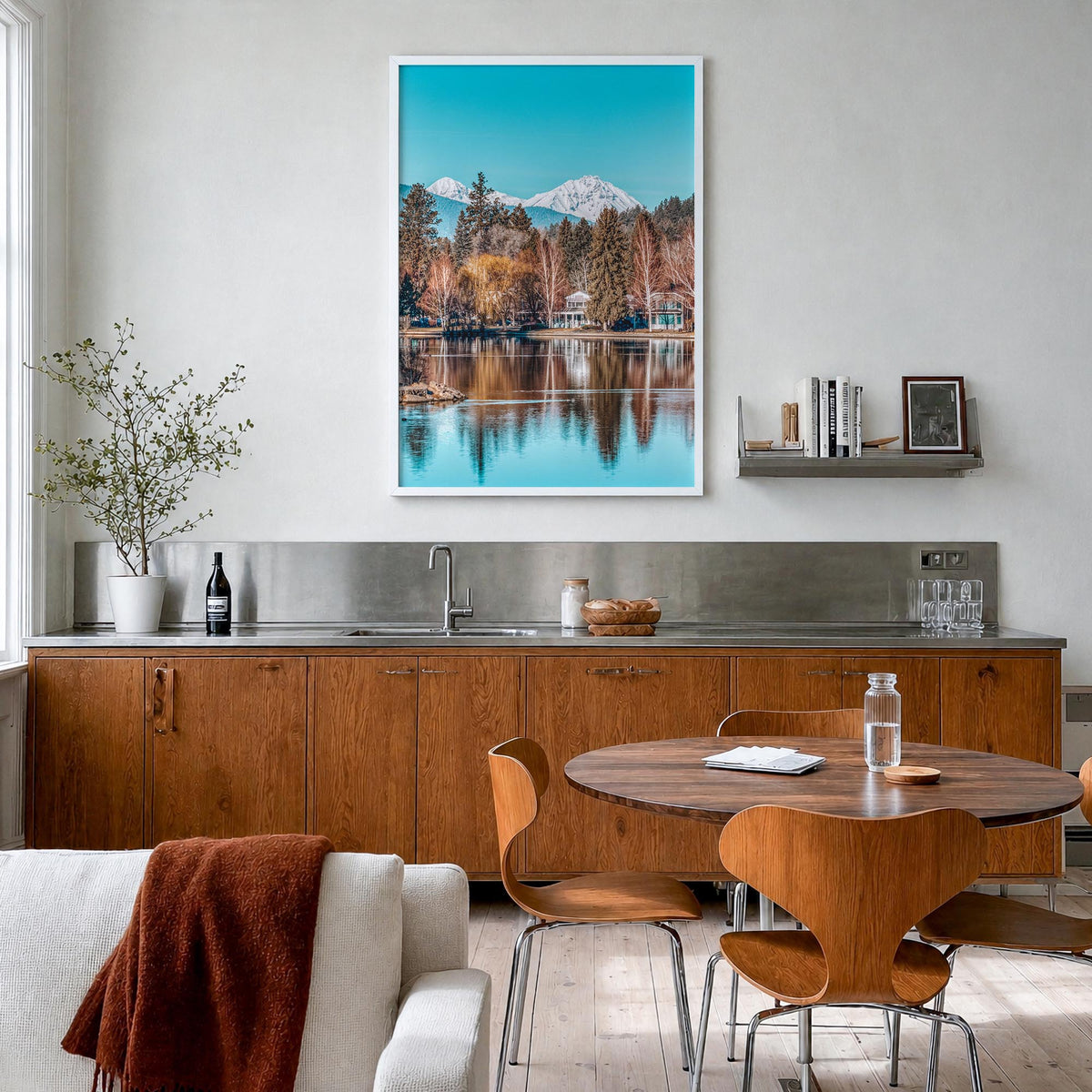 Bend colorful photo poster of Oregon, USA – vertical wall art in white wood frame, hanging on wall